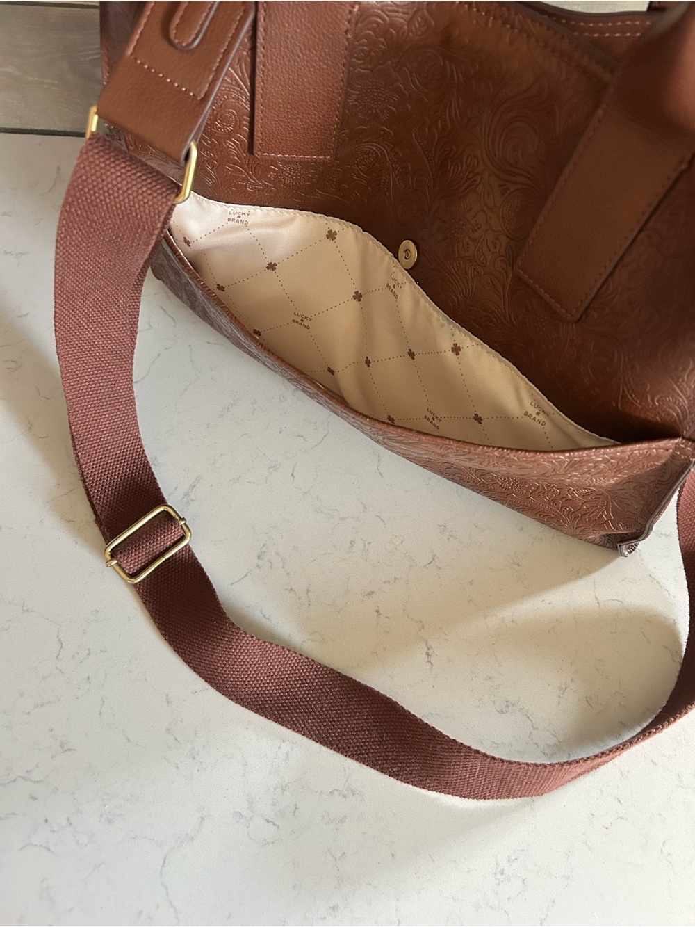 🍀EUC Lucky Brand Brown Floral Embossed Tote Carryall Shoulder Crossbody Bag - Picture 9 of 16